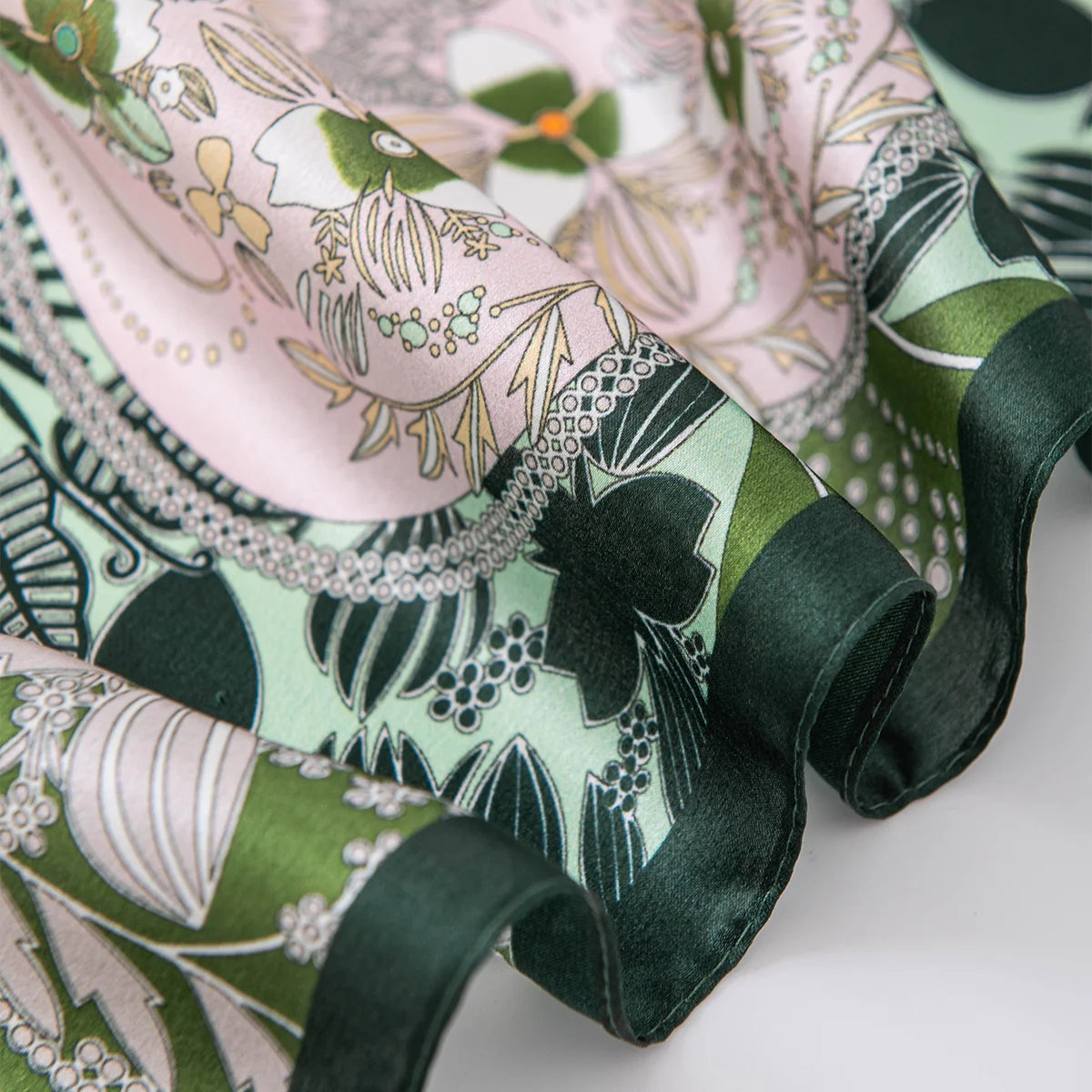 Botanical silk scarf fabric detail close-up