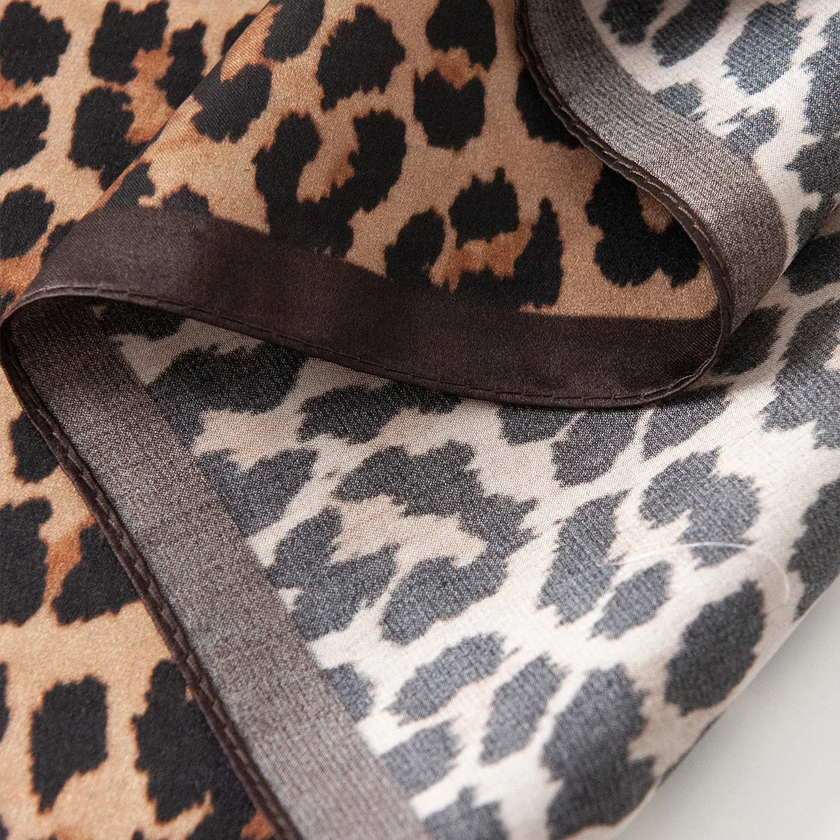 Brown edged mini leopard Silk Square Scarf detail