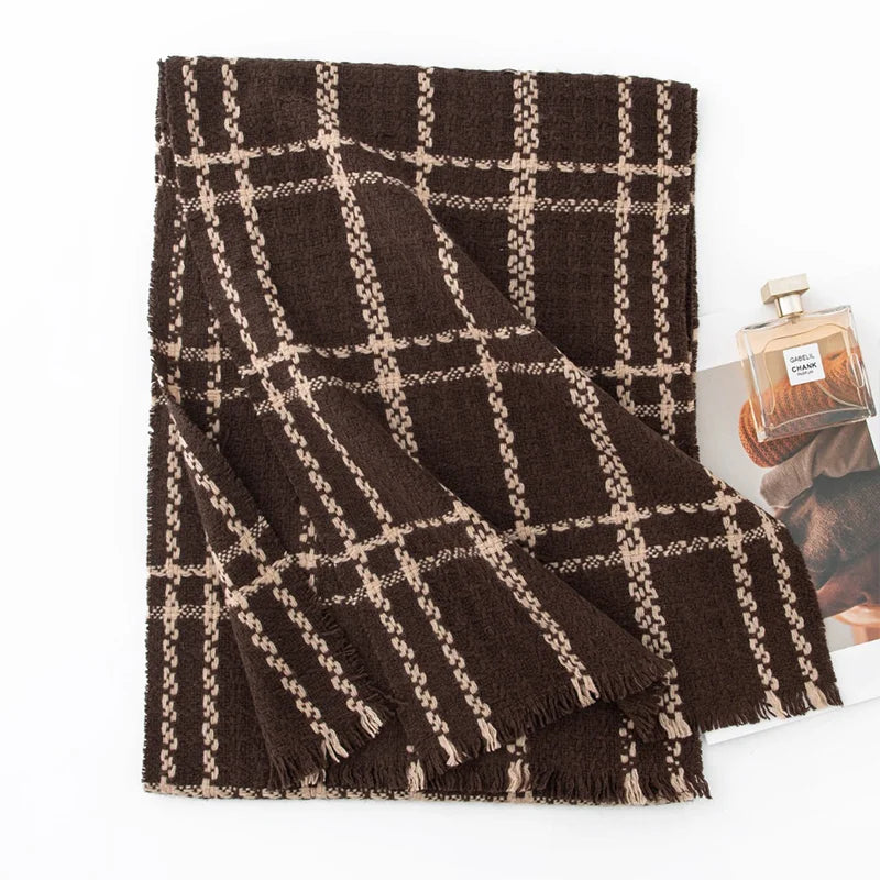 Brown wool scarf with cream grid and short fringed edges