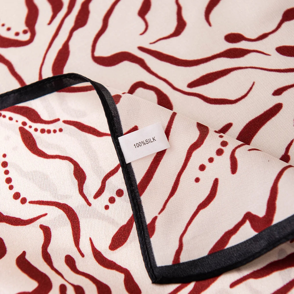 Burgundy wavy line Silk Square Scarf border detail