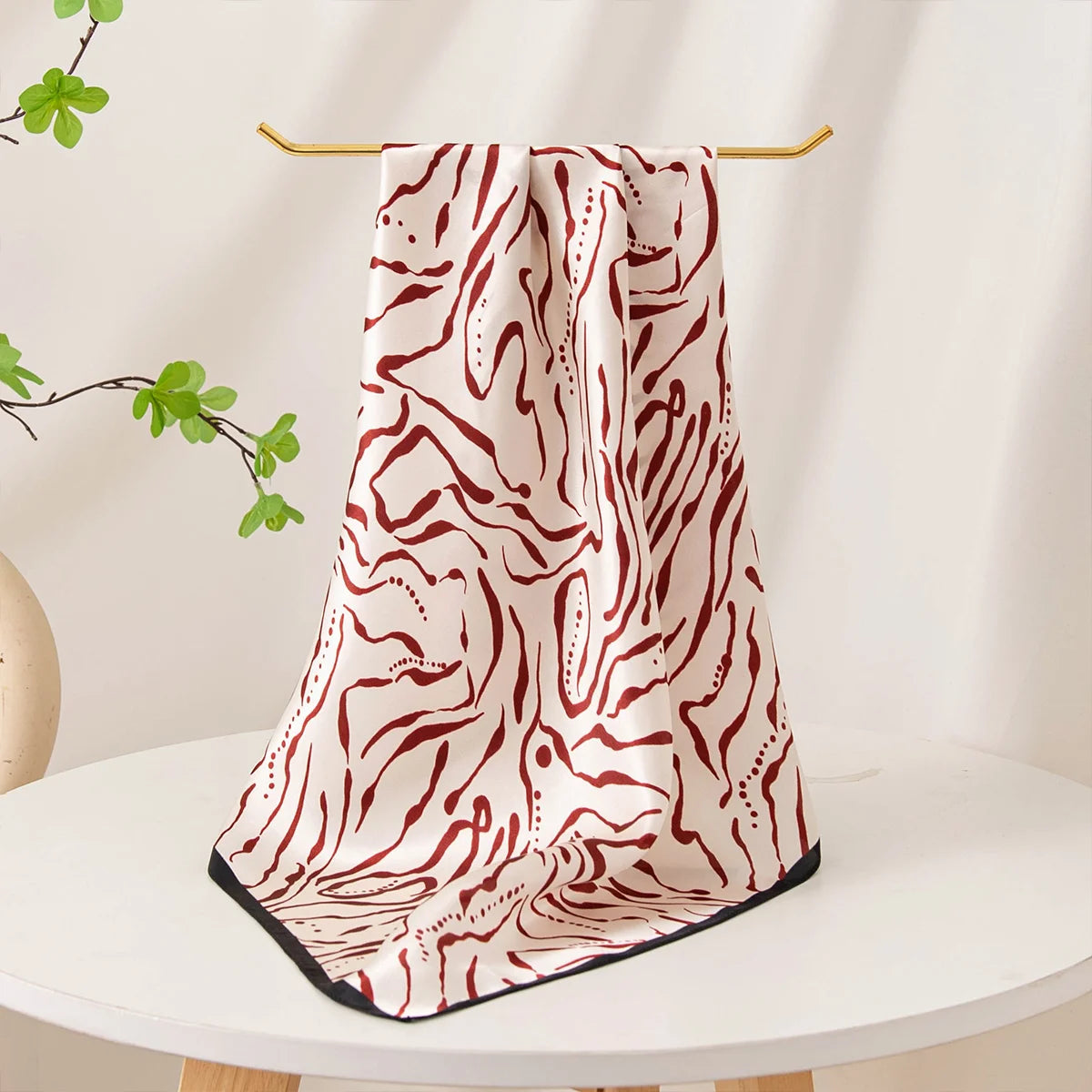 Burgundy line Silk Square Scarf hanging triangle display
