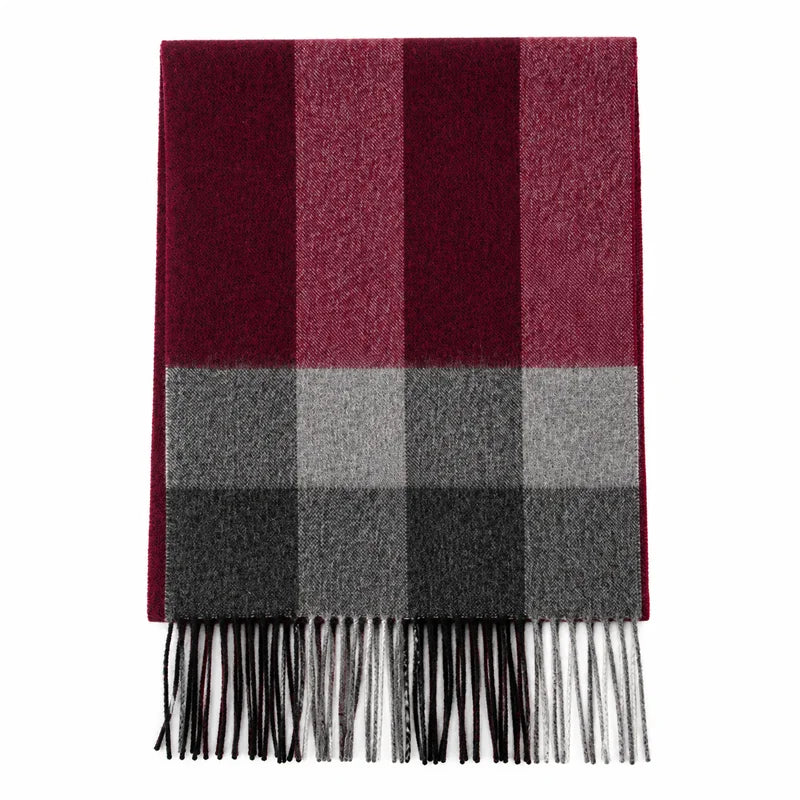 Burgundy striped wool scarf with gray crossband and dark fringe