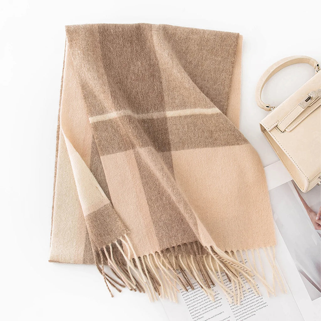 Camel cream checked wool scarf showing thin pale crossing lines