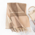 Camel cream checked wool scarf showing thin pale crossing lines