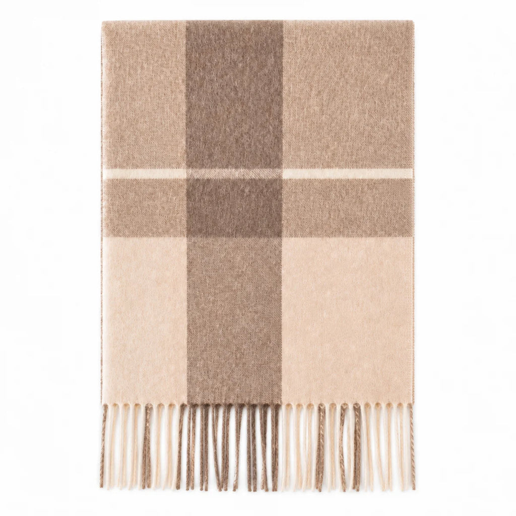 Camel checked wool scarf with fine cream lines laid flat