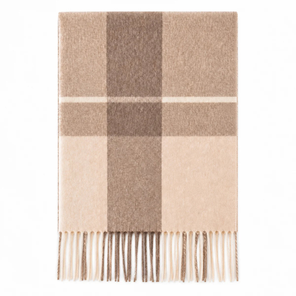 Camel checked wool scarf with fine cream lines laid flat