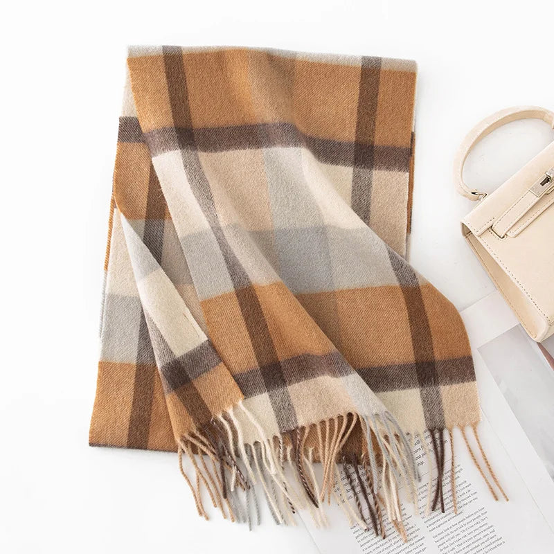 Camel cream checked wool scarf featuring dark brown crossing bands
