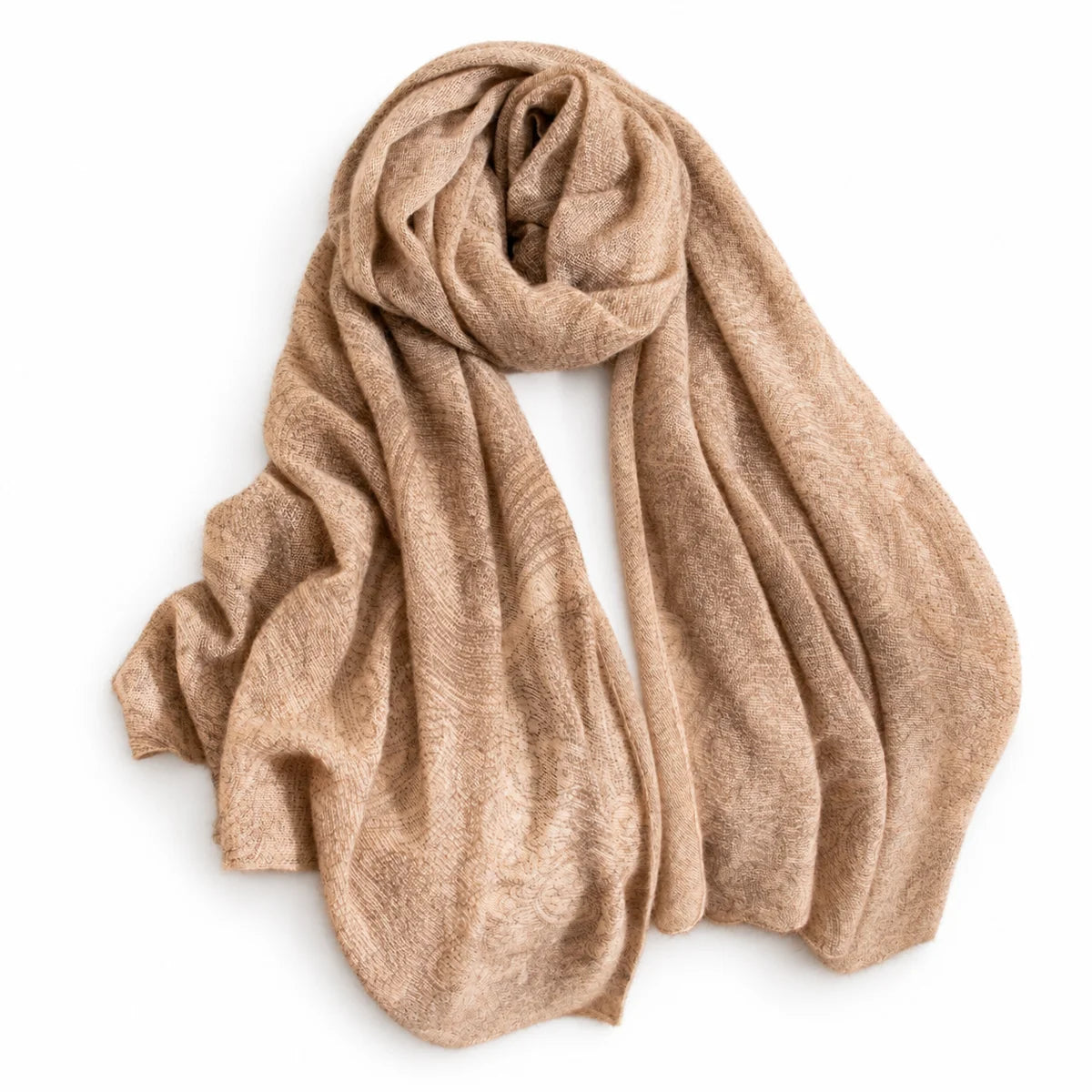 Camel open weave cashmere scarf loosely looped on white