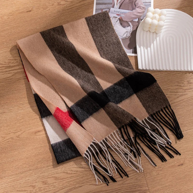 Camel striped scarf with red and black crossbands