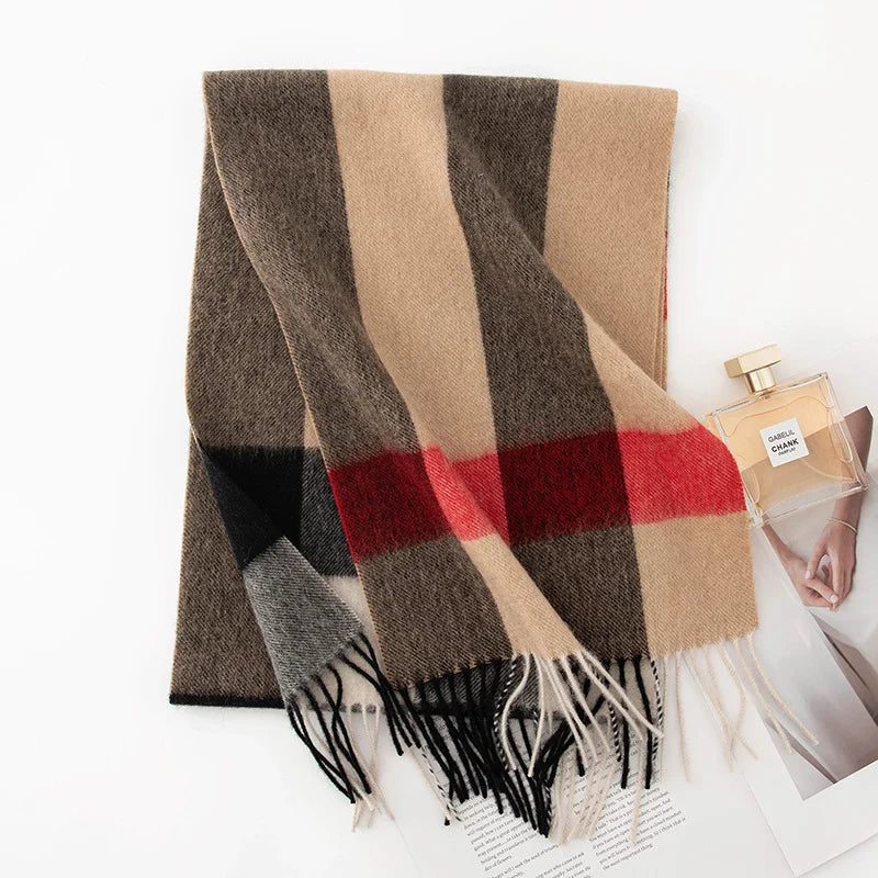 Camel striped wool scarf with red crossband on white display
