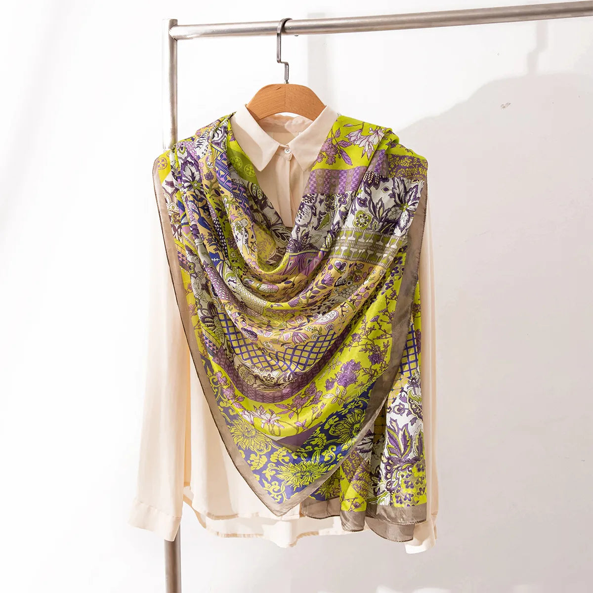 Citron paisley silk shawl on blouse