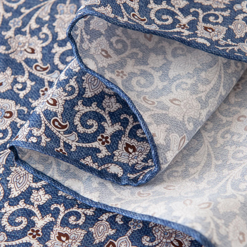 Close-up of blue ditsy floral Silk Square Scarf edge