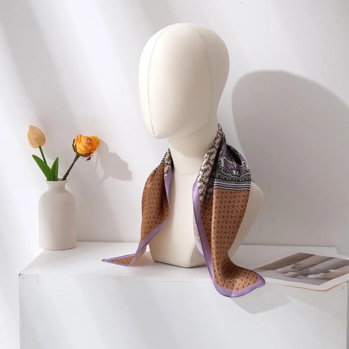 Colorblock Silk Square Scarf styled on mannequin