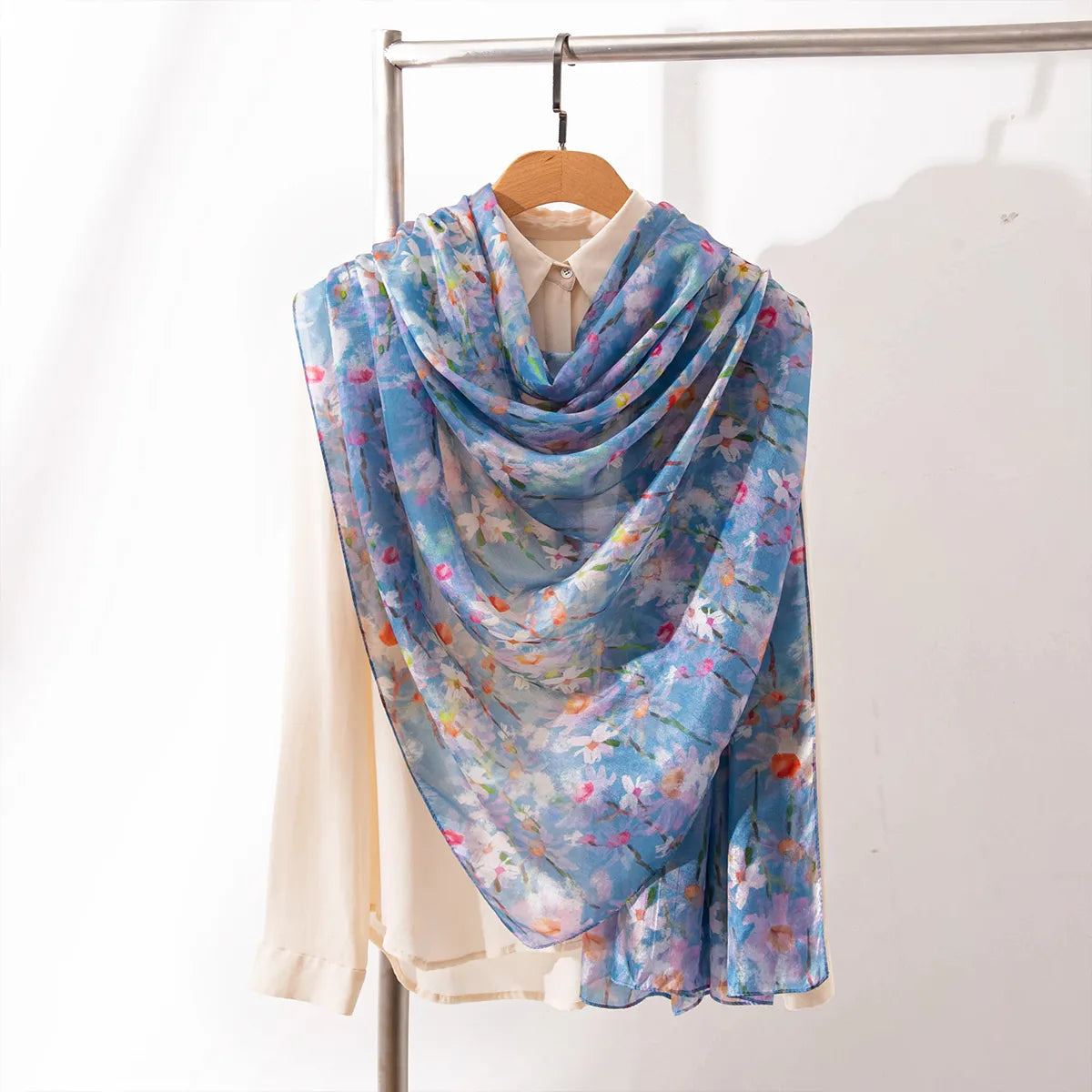 Cornflower blue wildflower silk shawl on blouse