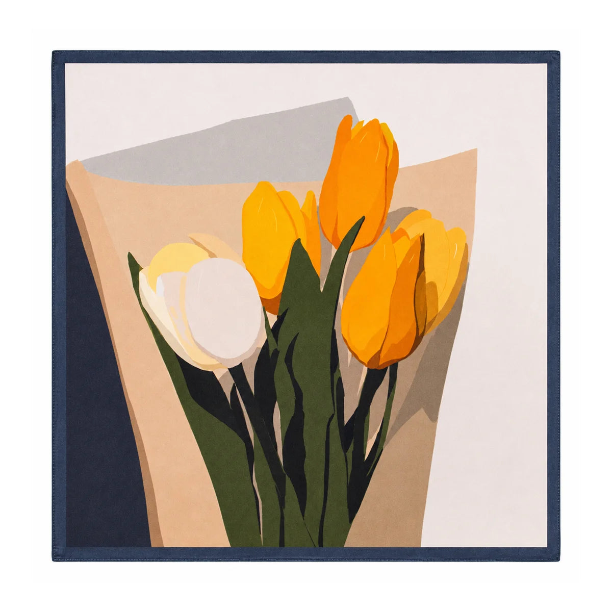 Cream silk square scarf with wrapped tulip bouquet