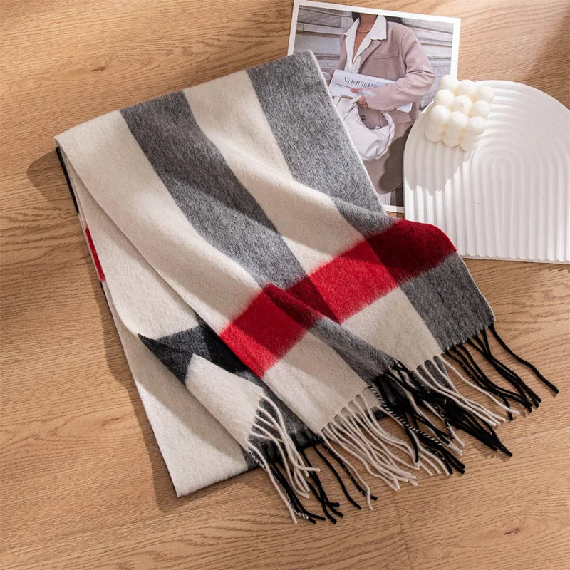 Cream and gray striped scarf with red crossband