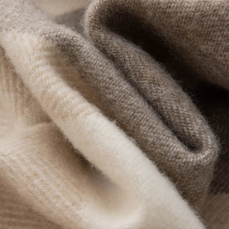 Cream and taupe checked fabric showing raised brushed fibers