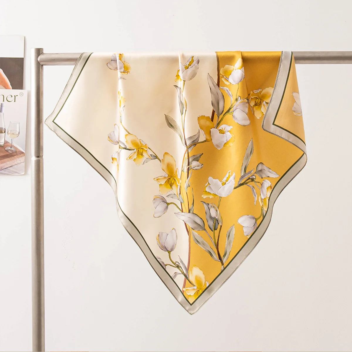 Cream and yellow floral Silk Square Scarf display