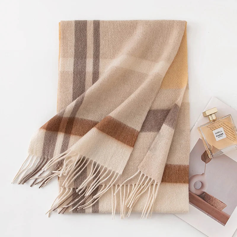 Cream camel cashmere scarf with grouped brown stripes and fringe