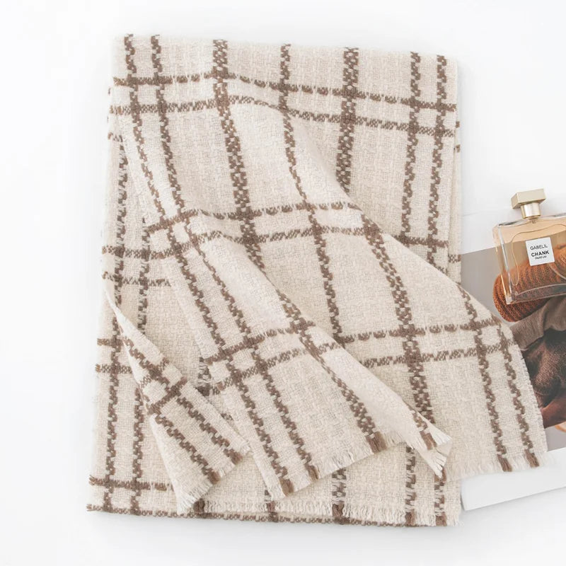 Cream checked wool scarf with taupe chainlike lines and fringe