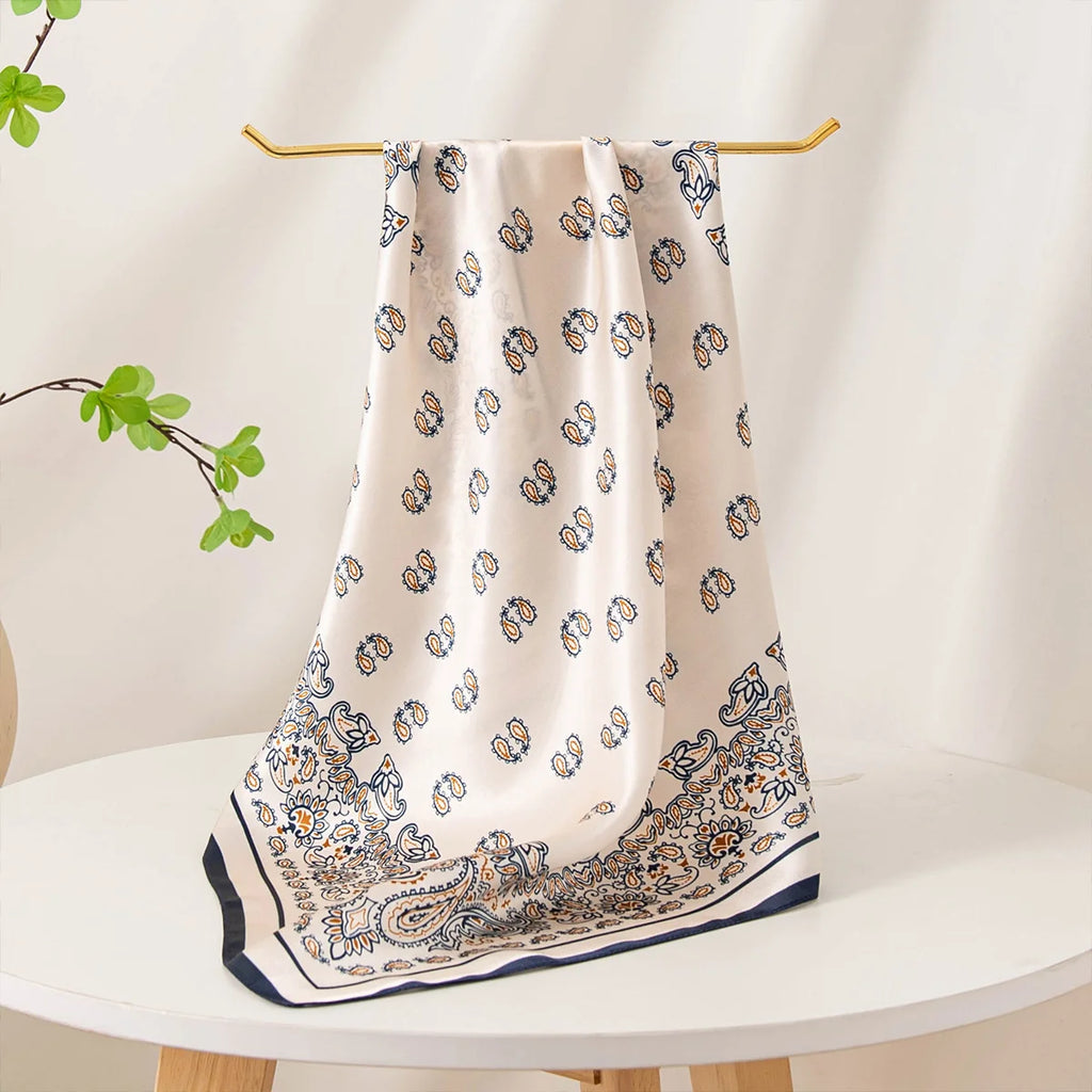 Cream navy paisley Silk Square Scarf draped display