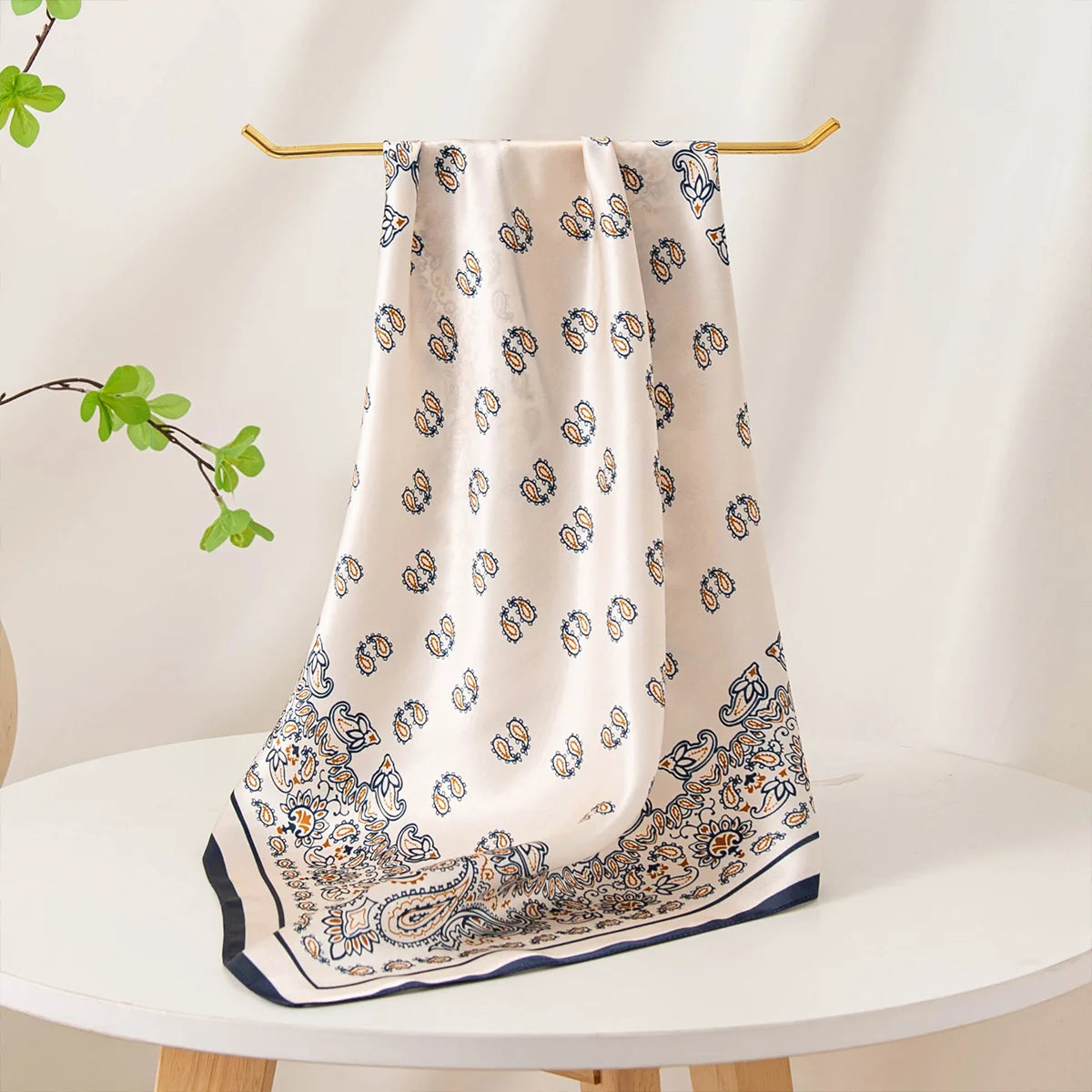 Cream navy paisley Silk Square Scarf draped display