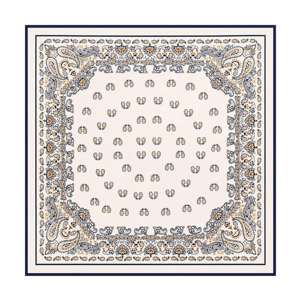 Cream navy paisley Silk Square Scarf full pattern