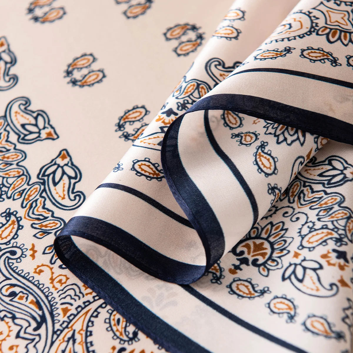 Cream paisley Silk Square Scarf folded edge detail