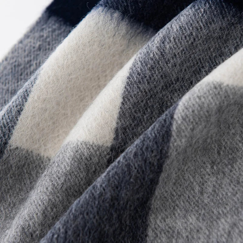 Cream stripe contrasting with dark gray brushed fabric folds