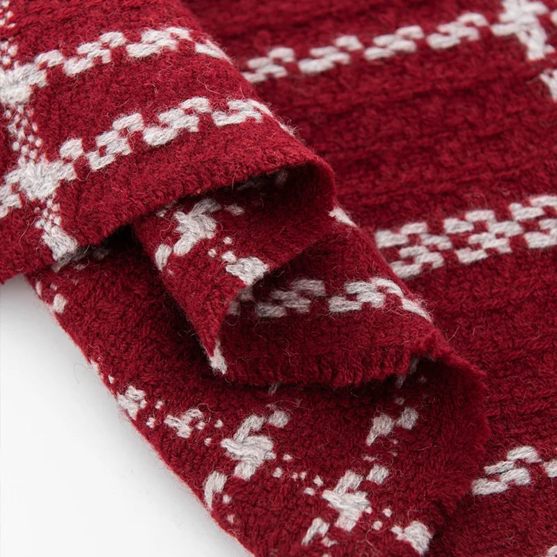 Curled red checked fabric with short fringed edges