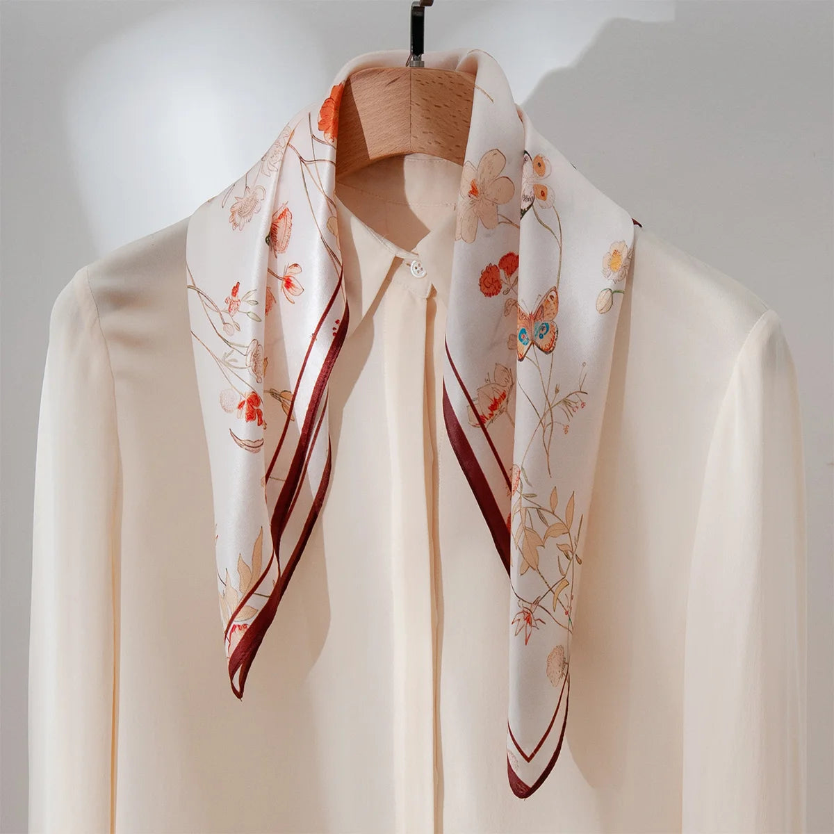 Dainty wildflower Silk Square Scarf styled on blouse