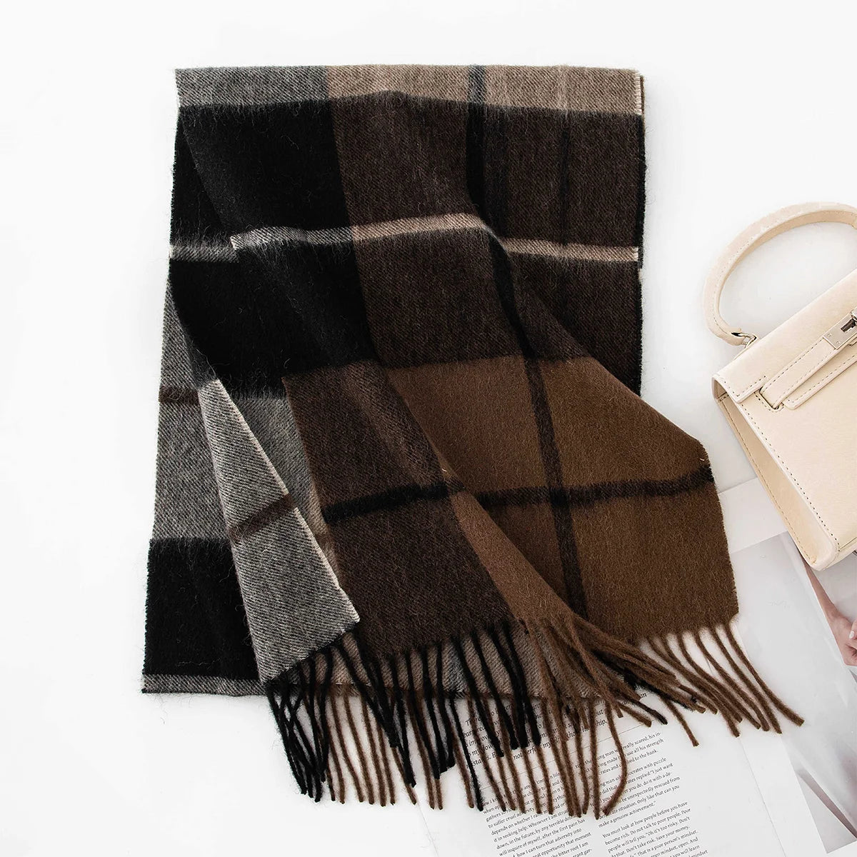 Dark brown black checked wool scarf with narrow pale stripes