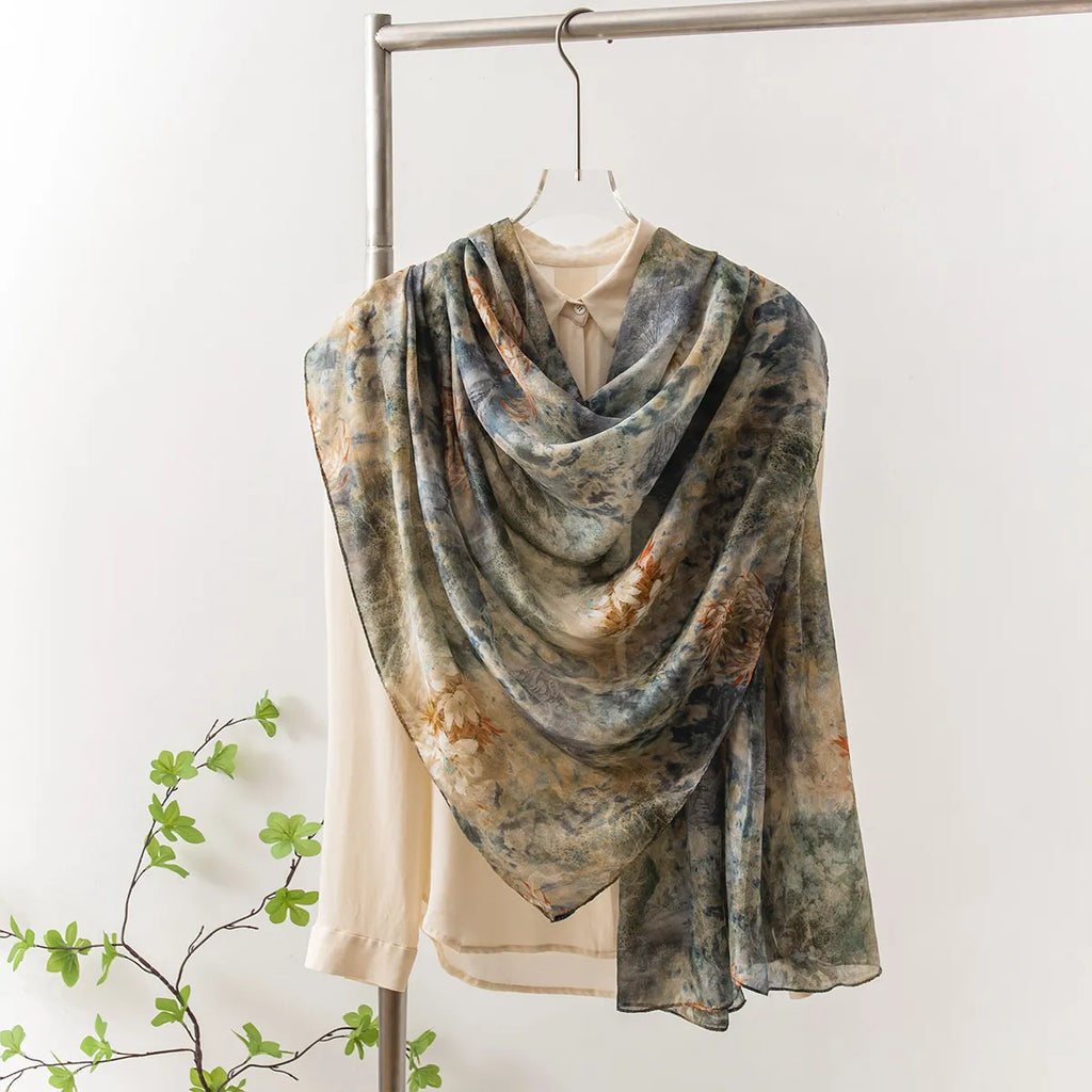 Dark green botanical silk shawl on blouse