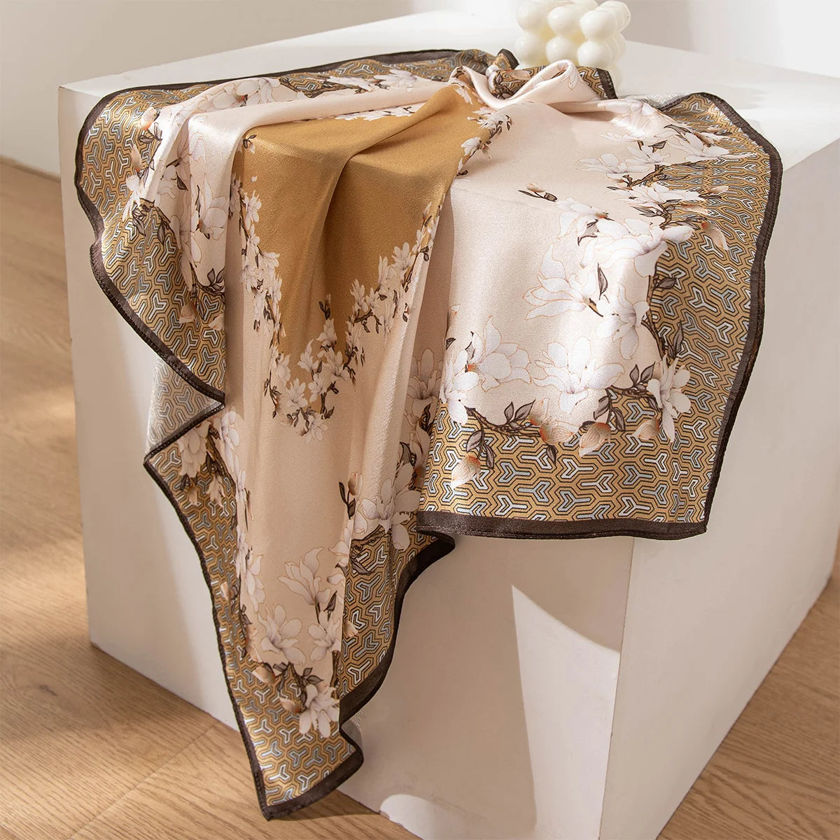 Draped beige floral Silk Square Scarf display view