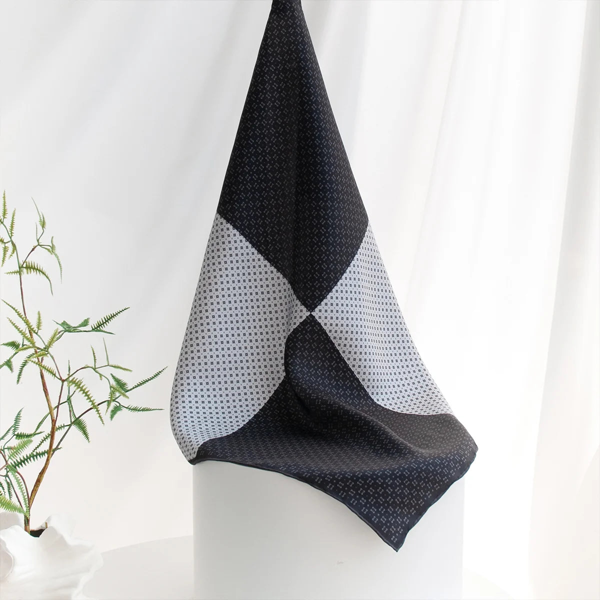 Draped black white patchwork Silk Square Scarf view