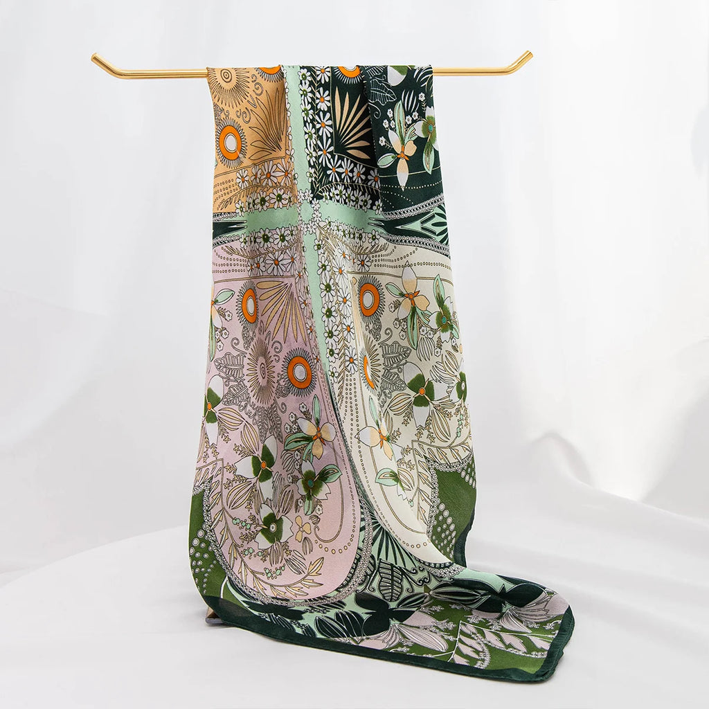 Draped botanical silk square scarf display