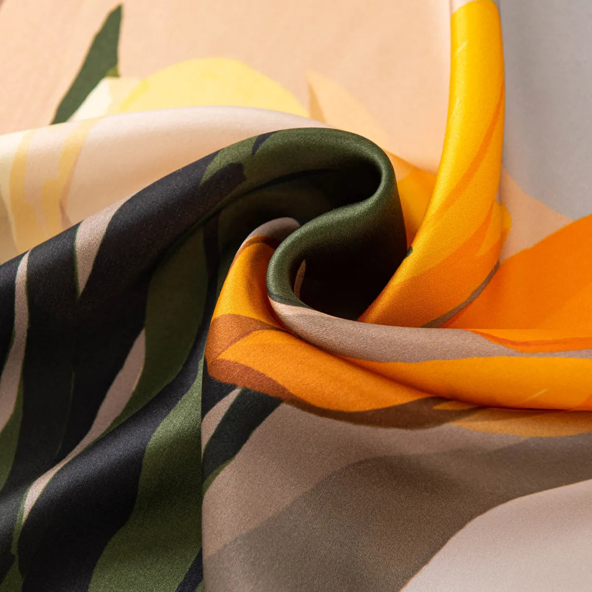 Draped cream silk scarf with orange and green petals