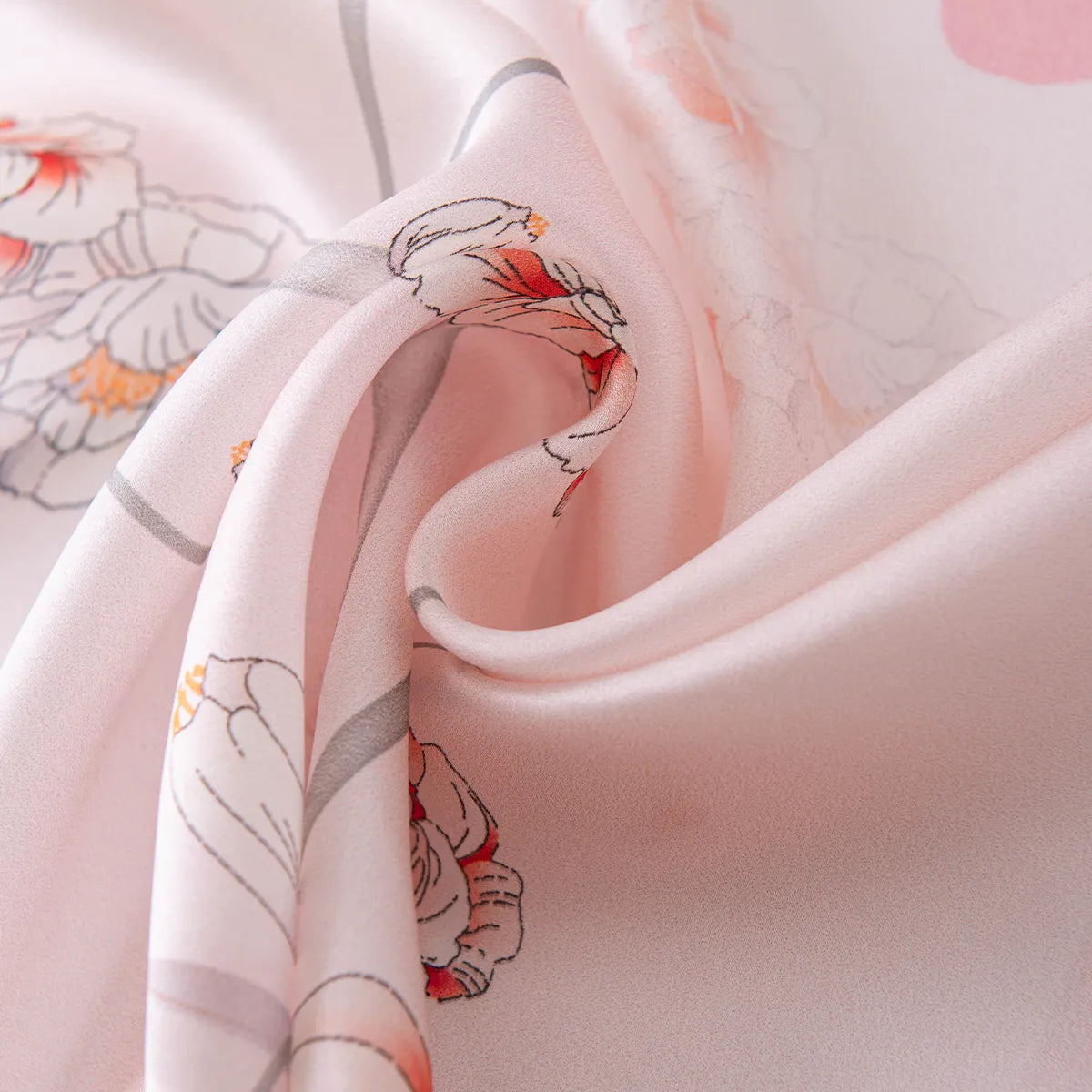 Draped light pink silk scarf with grey branch motifs