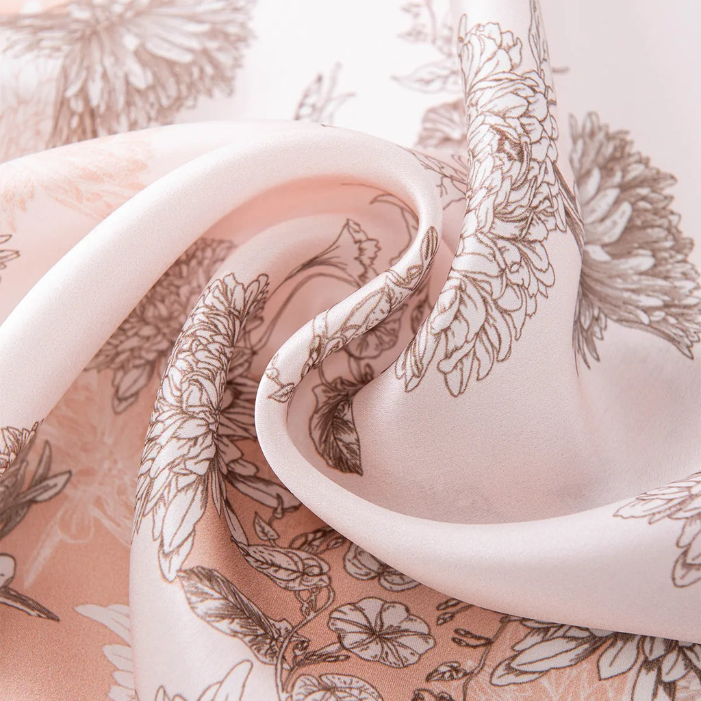 Draped pink silk scarf with taupe line-art flowers