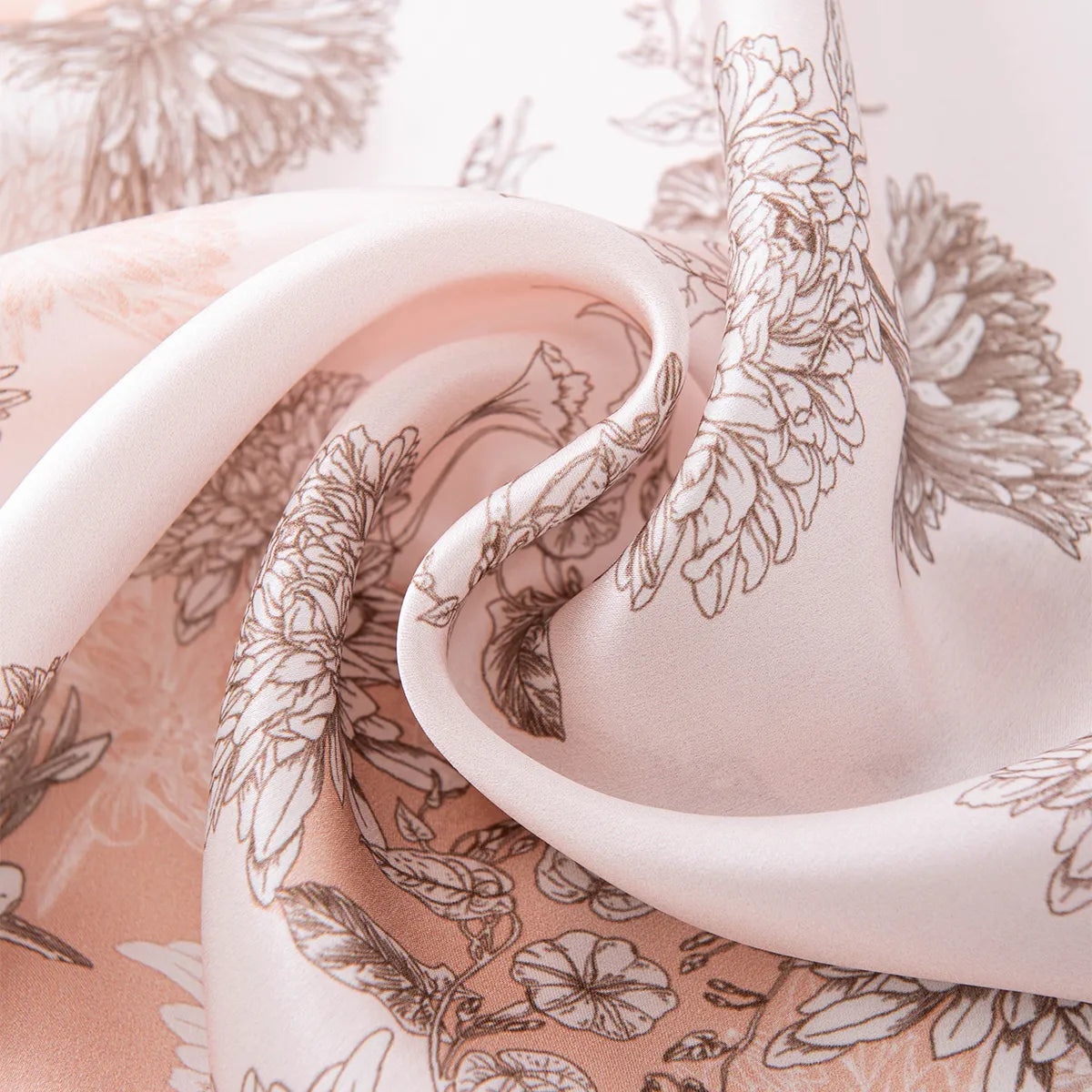 Draped pink silk scarf with taupe line-art flowers