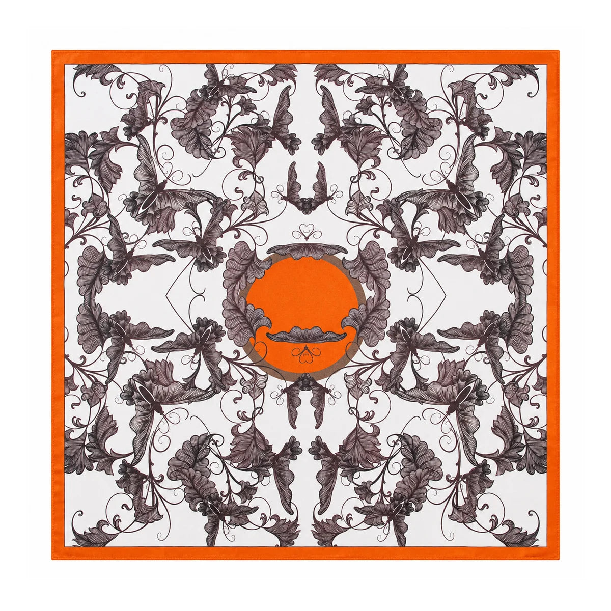 Flat-lay silk scarf with orange border and butterfly pattern