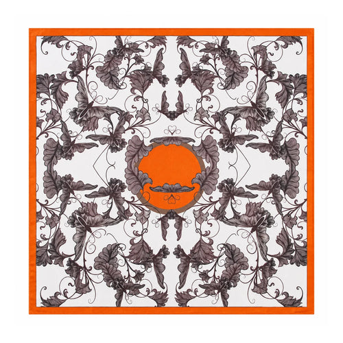 Flat-lay silk scarf with orange border and butterfly pattern