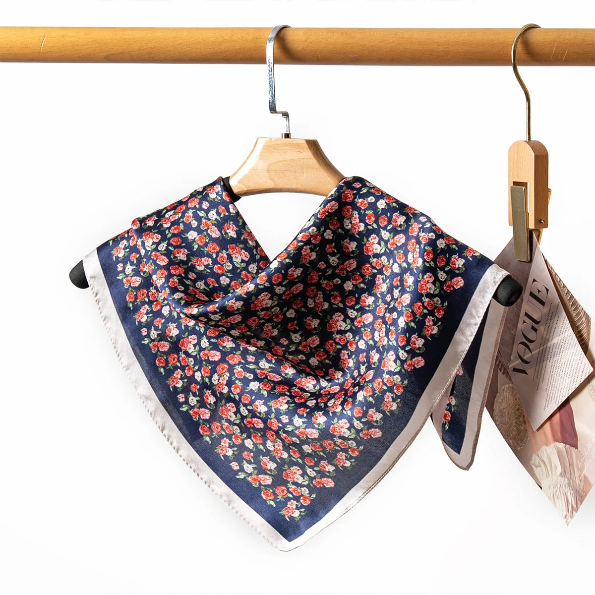 Floral Silk Square Scarf hanging on clothes rail