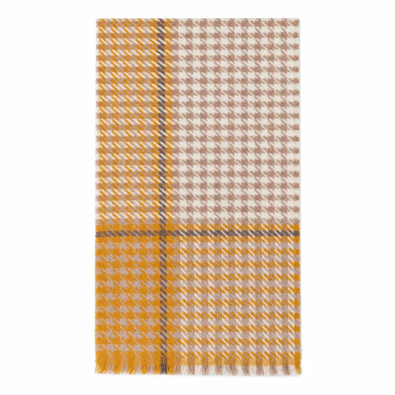 Full mustard and taupe houndstooth wool scarf laid flat