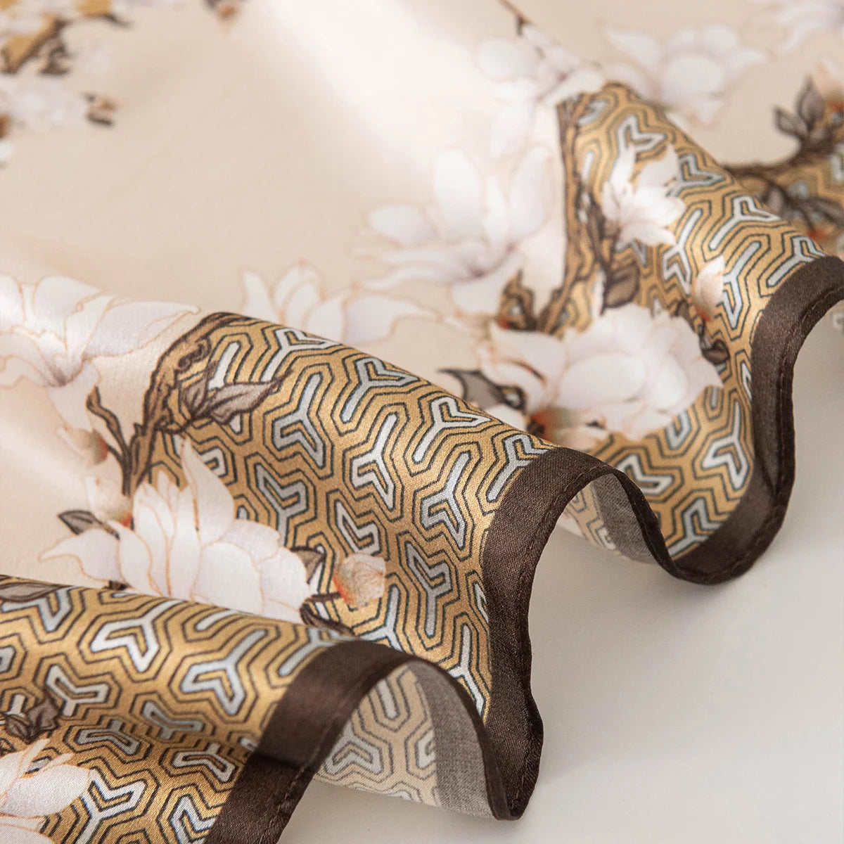 Geometric border floral Silk Square Scarf edge detail