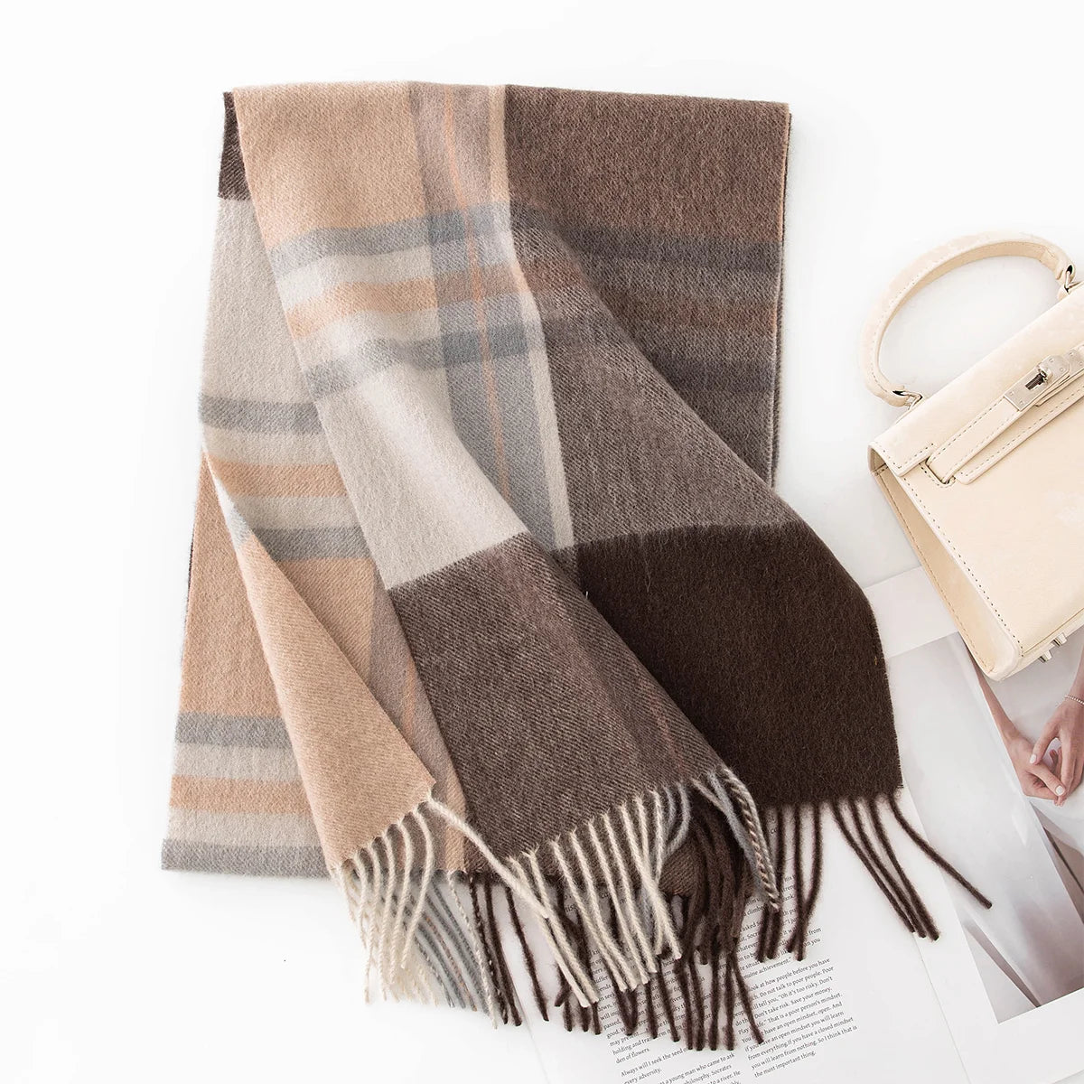 Gray brown plaid wool scarf with pale blue crossing bands