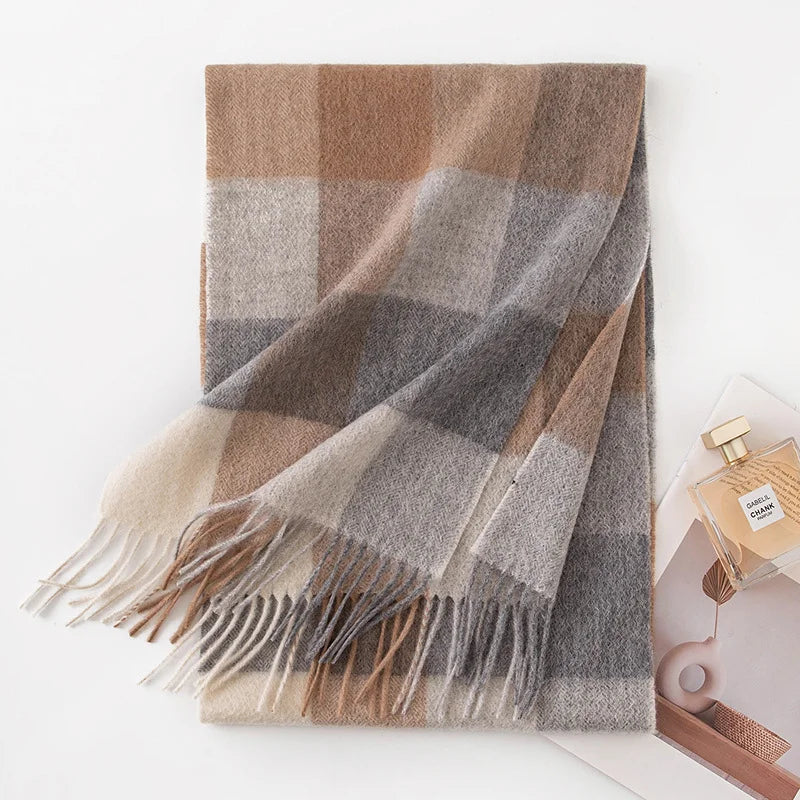 Gray camel checked cashmere scarf revealing pale blue crossing bands