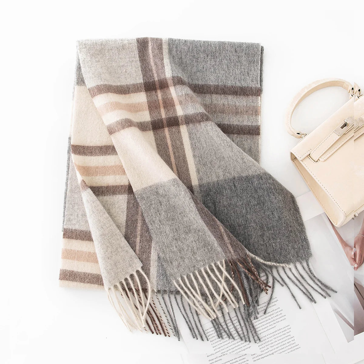 Gray checked wool scarf with cream panels and brown stripes