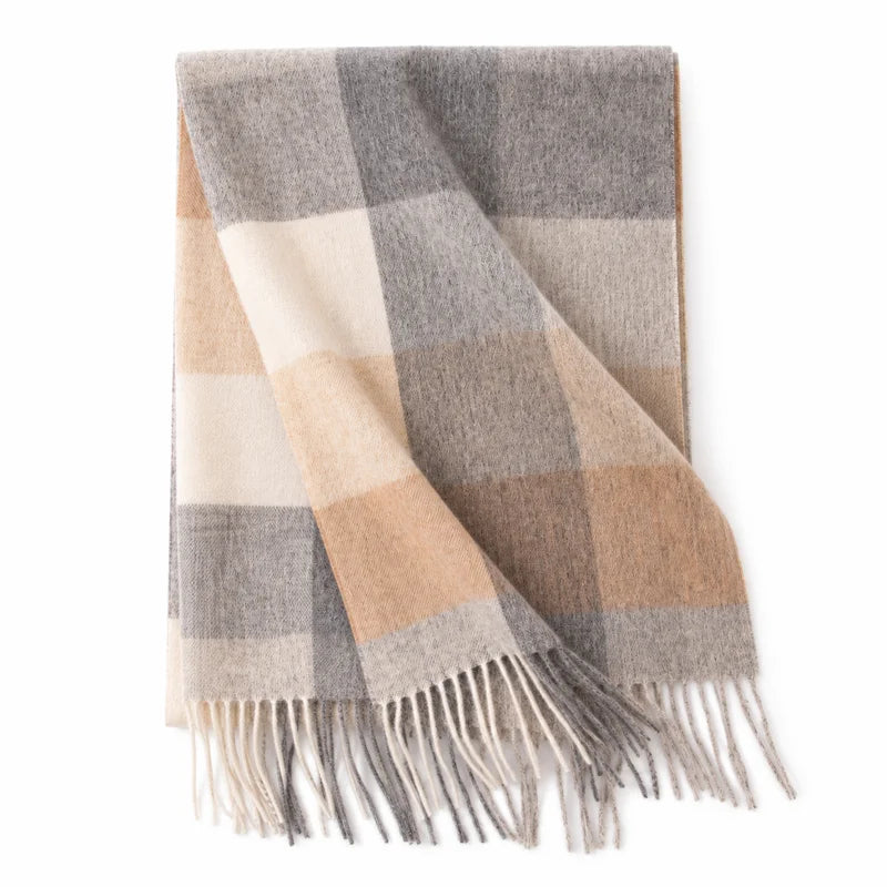 Gray cream tan checked wool scarf laid flat with fringe