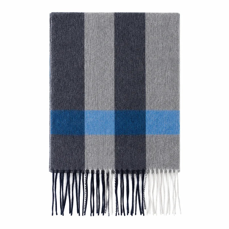 Gray striped scarf with bright blue crossband laid flat